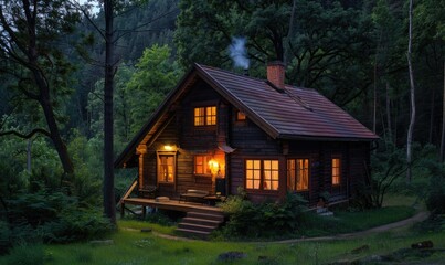 Evening glow illuminating the facade of a stylish wooden cabin nestled among blooming azaleas and rhododendrons in a spring garden