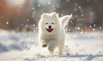 Fluffy Samoyed puppy with a happy expression frolicking in the snow