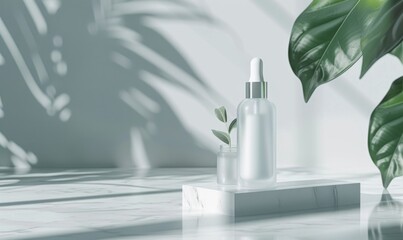 Frosted glass bottle mockup showcasing a luxurious hydrating facial serum with a sleek modern design - obrazy, fototapety, plakaty