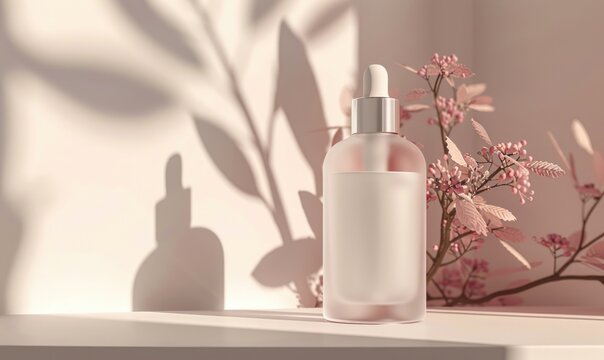 Frosted glass bottle mockup showcasing a luxurious hydrating facial serum with a sleek modern design