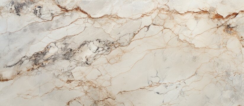 A detailed view of a marble slab with an intricate brown and white design