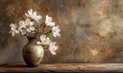 Magnolia blossom bouquet in a vintage vase on a wooden table