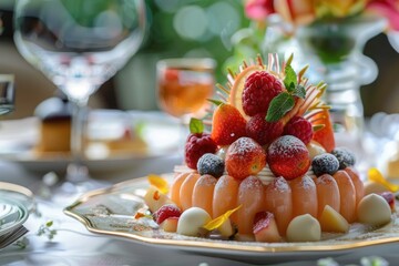 Colorful gourmet fruit dessert with fresh berries and flowers.