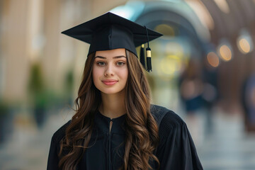 Happy female graduate student in graduation gown and cap standing on a college campus