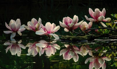 Magnolia blossoms reflected in the still waters of a tranquil pond. Magnolia blossoms touch water...