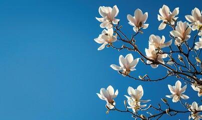 White magnolia tree branches laden with blossoms against a bright blue sky