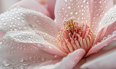 Magnolia blossom close-up with dewdrops glistening on the petals