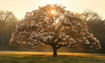 Magnolia tree in full bloom under the golden light of sunrise