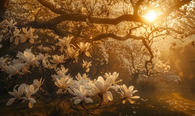 Magnolia tree in full bloom under the golden light of sunrise - obrazy, fototapety, plakaty