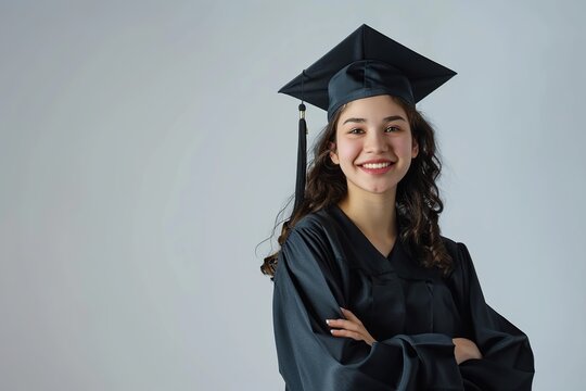 Happy female graduate student in graduation gown and cap on white background