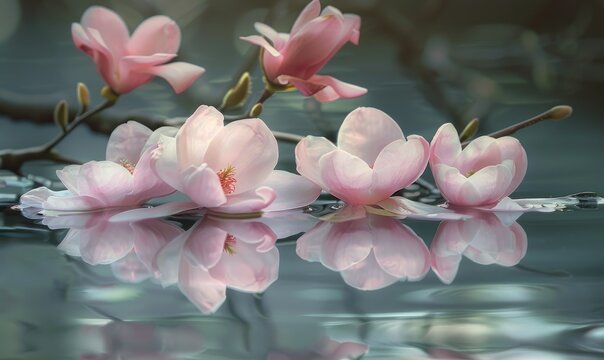 Magnolia blossoms reflected in the still waters of a tranquil pond. Magnolia blossoms touch water surface