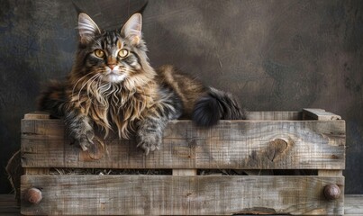 Maine Coon cat sitting proudly atop a rustic wooden crate - obrazy, fototapety, plakaty