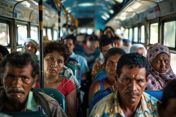 Obraz premium Crowded bus journey, passengers close together, diverse attire.