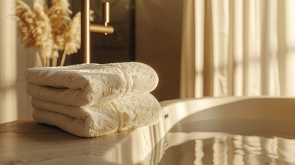 A stack of luxurious cream towels sits on the edge of an elegant bathtub, bathed in soft natural light that highlights their texture and quality. Minimalist style bathroom background.