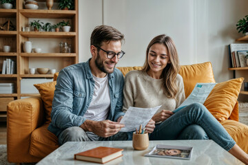European woman and her joyful husband read a document from bank, modern living room. Emotion of joy and success, home loan approval, good new