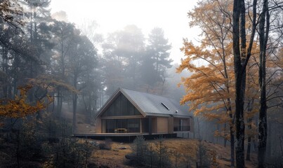 Morning mist enveloping a contemporary wooden cabin hidden deep within a spring garden filled with blooming irises and lilies - Powered by Adobe