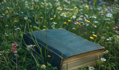 Old book lying on a grassy knoll surrounded by wildflowers