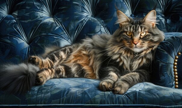 Maine Coon cat with luxurious fur reclining on a plush velvet sofa