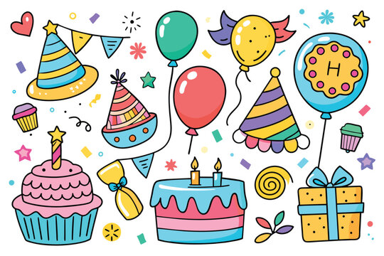 Cute hand drawn birthday set. Trendy holiday elements, party decoration, cupcakes, candles, gifts, balloons, party hat. Happy Birthday clipart collection for kid. Symbol of celebration, anniversary
