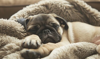 Sleepy pug puppy curled up in a soft bed