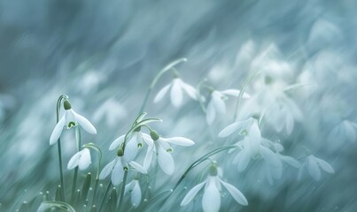 Snowdrops swaying in the breeze, close up view, soft focus, blurred background