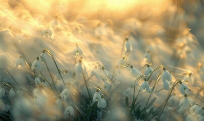 Fototapeta na wymiar Snowdrops swaying in the breeze, close up view, soft focus, blurred background