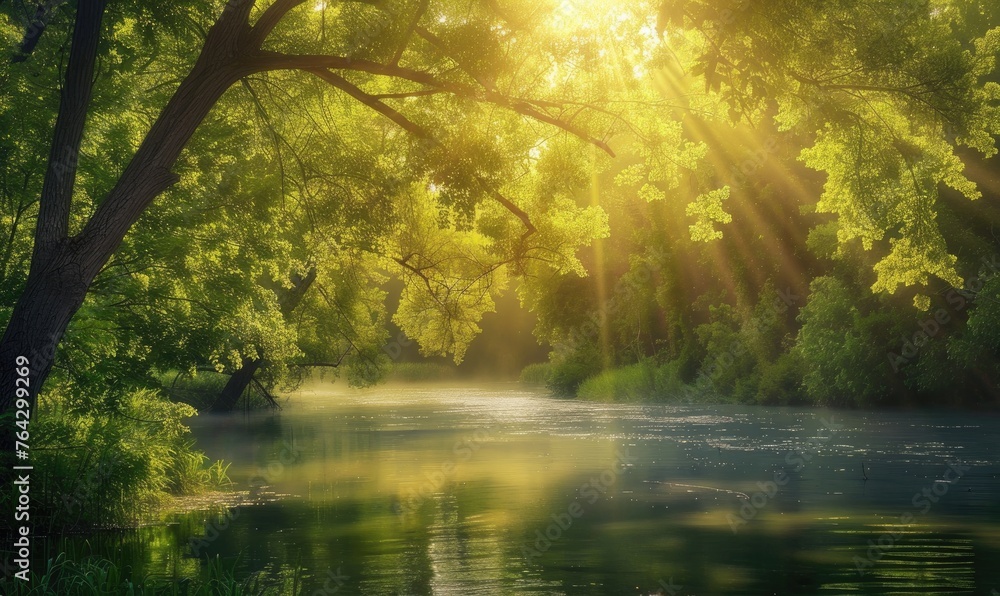 Poster Sunlight filtering through the trees onto a serene spring river