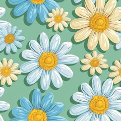 Seamless pattern with white, yellow, rose and blue  flowers on a green background. Pastel colors