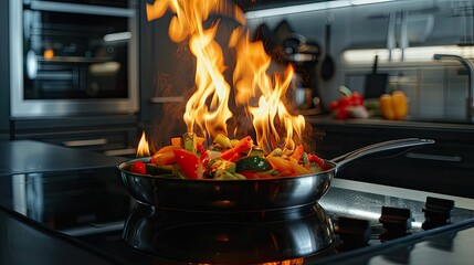 Frying vegetables in an empty stainless steel frying pan on the stove of a modern kitchen with black furniture and sleek silver appliances. The cooking flames create a dynamic scene.