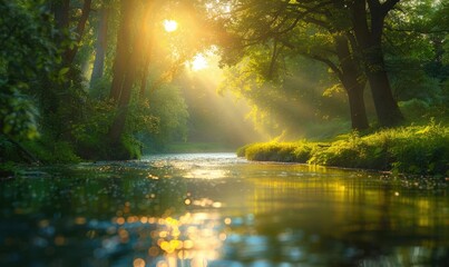 Sunlight filtering through the trees onto a serene spring river