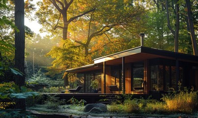 Sunlight filtering through lush foliage onto the exterior of a modern wooden cabin in a tranquil spring garden