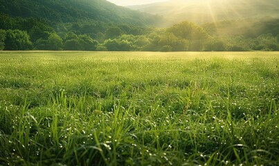 Sunlit green meadow, spring meadow background