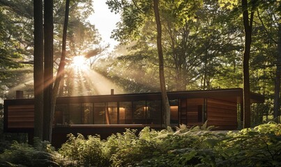 Sunlight filtering through lush foliage onto the exterior of a modern wooden cabin in a tranquil spring garden - obrazy, fototapety, plakaty