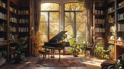 A large window in the office of an old house overlooks green trees and blue sky. There is a piano on one side, and bookshelves lined with books face each other. The floor is carpeted.