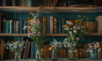 Fototapeta na wymiar Vintage bookshelf adorned with vases of freshly picked wildflowers