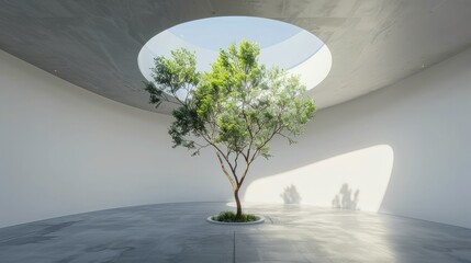 Tree growing in the center of an empty room with white walls and a large round ceiling window, done in a hyper-realistic style with daylight