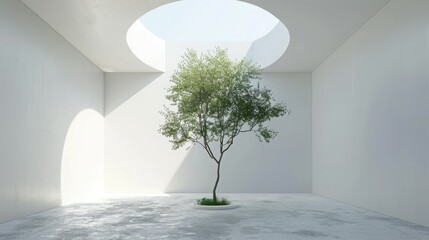 Tree growing in the center of an empty room with white walls and a large round ceiling window, done in a hyper-realistic style with daylight