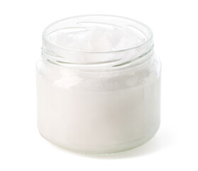 Open jar of coconut oil on white background - 764299446
