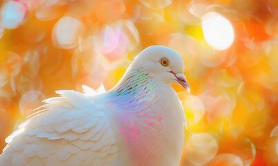 White pigeon with iridescent feathers captured in a close-up view under the sunlight