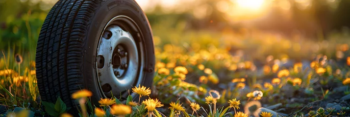 Foto op Aluminium summer tires in the blooming spring in the sun - time for summer tires © Prasanth