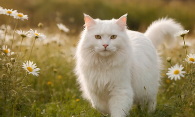 Naklejka na ściany i meble A white cat with fluffy fur is strolling through a vast field covered in blooming daisies.