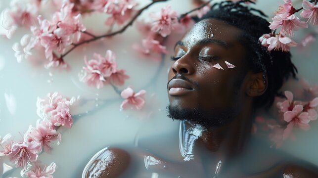 a beautiful aged black african american man in a spa taking a face treatment, beautiful pink flowers