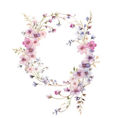 delicate watercolor floral wreath, pink flowers on a white background. - 764300078