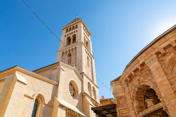 The bell tower of the Lutheran Church of the Redeemer, a Protestant church inside the walls of the Old City of Jerusalem, Israel
