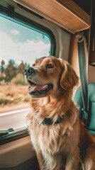 Family dog ​​and his adventures and observations during a road trip across the country in motorhome. Generative AI