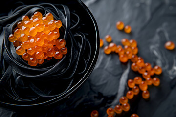 Black pasta with red caviar. Squid ink pasta with salmon roe on dark background. Gourmet black spaghetti with bright fish eggs. Luxury seafood pasta dish, caviar topping