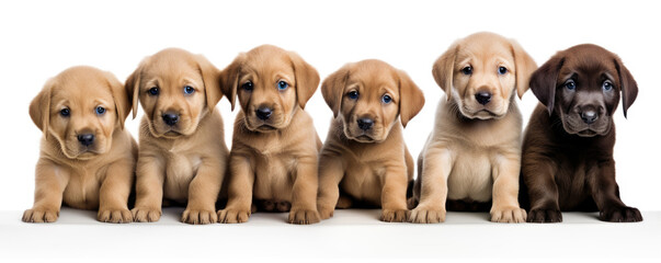 Obraz premium Puppies with blank signs hiding their faces on white background.