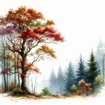 watercolor painting of fall colored tree, fall landscape painting