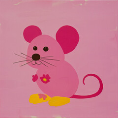 Funny card for birthday. Portrait of mouse on bright background