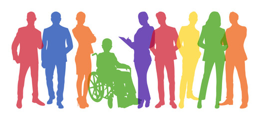 Concept of inclusive business.Silhouettes of standing business people and disabled people sitting in wheelchairs.Vector illustration.
